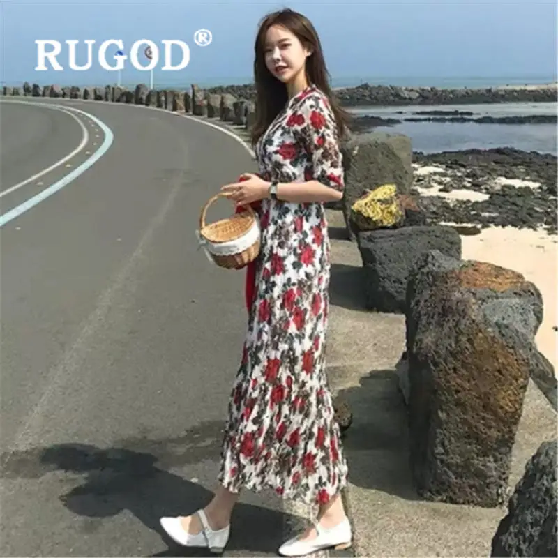 Женское платье с цветочным принтом RUGOD Вечернее приталенное v-образным вырезом на