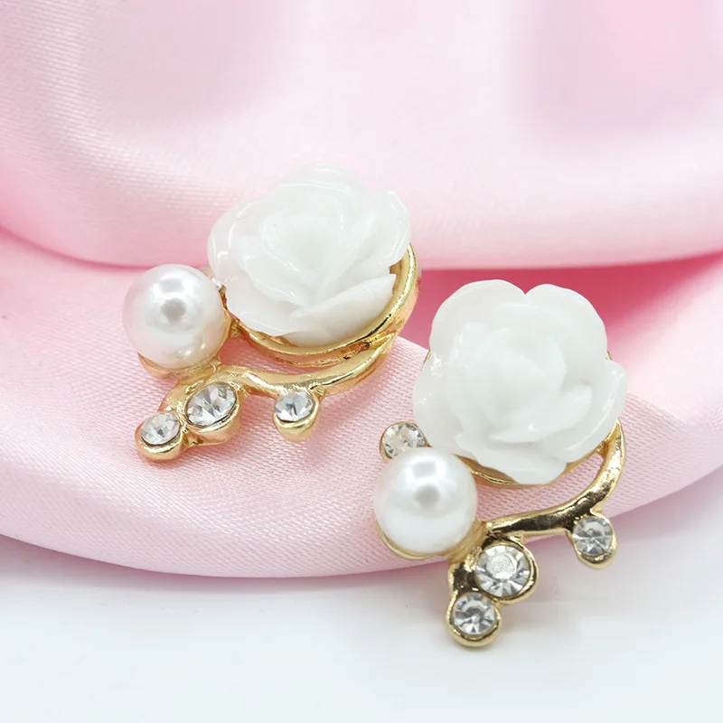 

Vivid White Green & Pink Colors Rose Flower Simulated Pearls Crystal Branch Elegant Stud Earrings for Women piercing Jewelry
