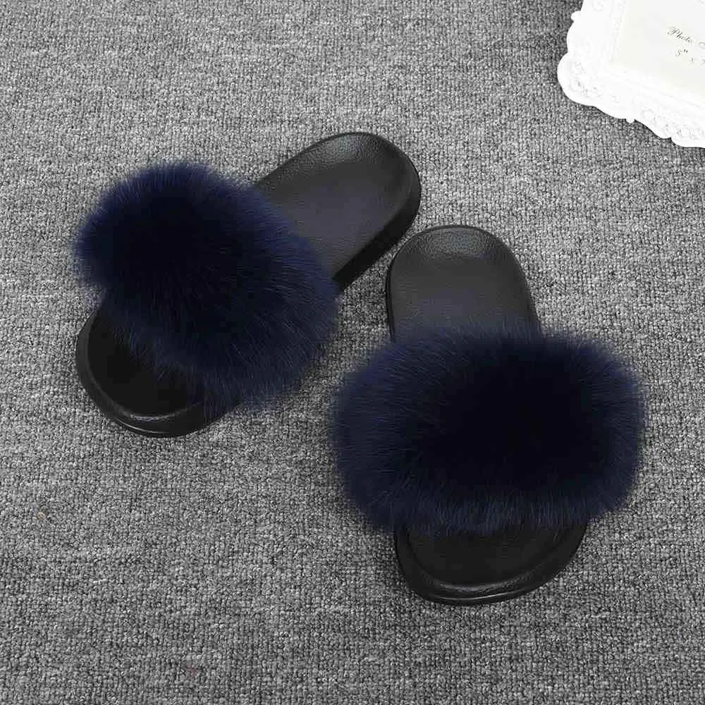 Navy Jancoco Max/модные шлепанцы с натуральным лисьим мехом; женские шлепанцы; летние пляжные сандалии; Вьетнамки с натуральным мехом; S6043 - Цвет: Navy