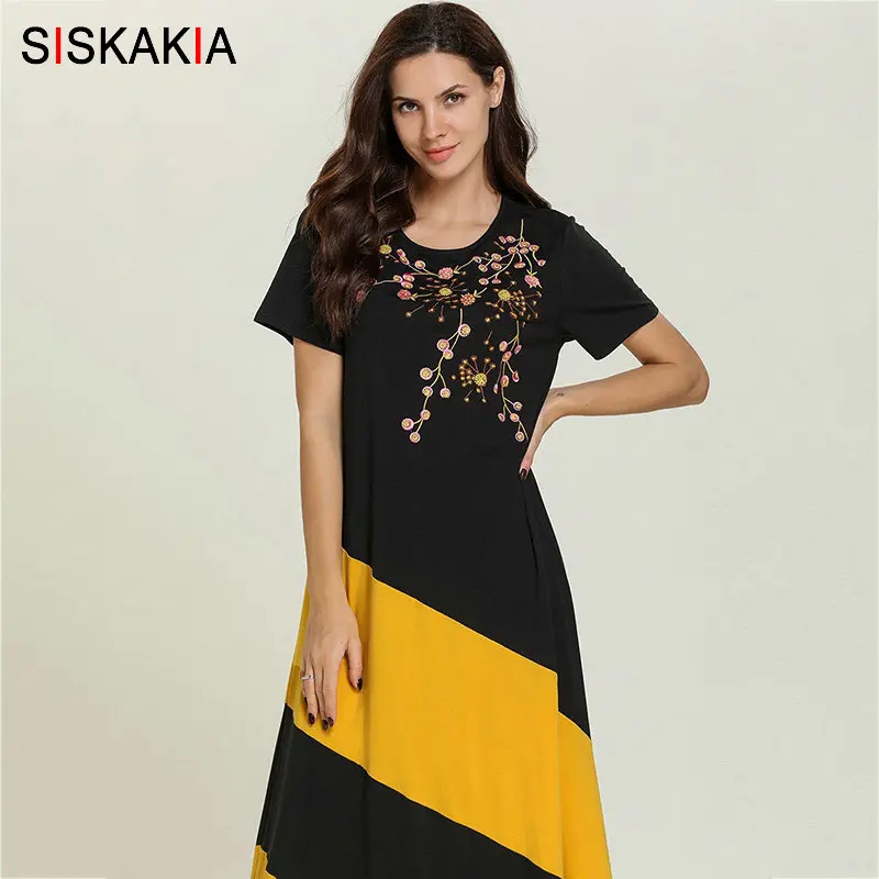 Black dress Siskakia Лето футболка длинное платье модное цветное платье с цветочной вышивкой повседневные макси платья размера плюс Круглый вырез короткий рукав - Цвет: Black dress