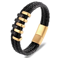 xqni new arrival double layer black steel punk style design perfect gift personality black leather bracelet men jewelry