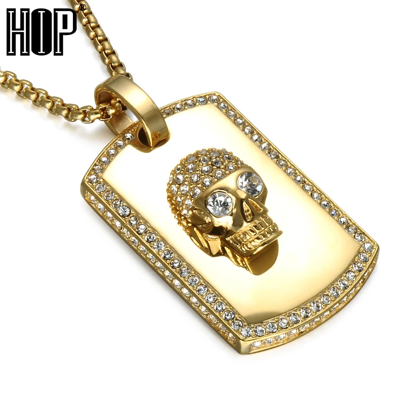 Хип хоп Iced Out Bling кулон череп скелет ожерелья золотистого цвета Титан Нержавеющая