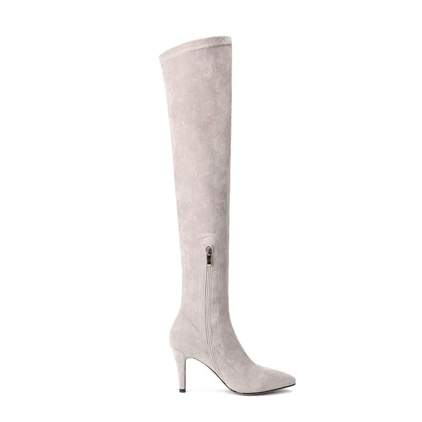 Женские сапоги выше колена NIKOVE черные облегающие на тонком высоком каблуке с