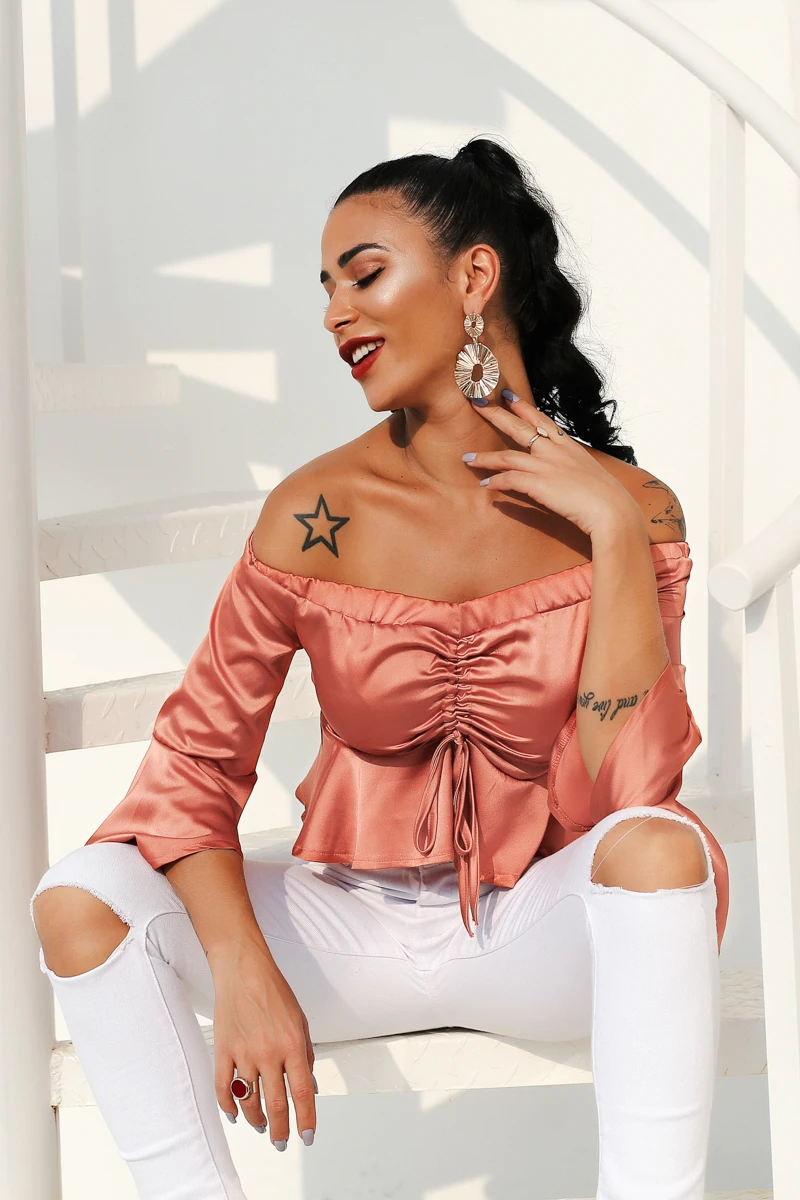 Glamaker Drawstring ruffle с открытыми плечами блузка рубашка женская сексуальное, рукав-фонарик вечерние обрезанный женский топ летняя уличная трубка топ