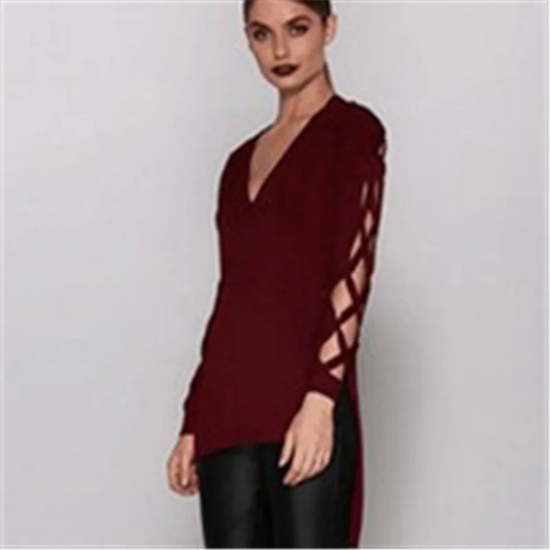 2018 Plus Size Women Blouse Sexy Hollow Out Bandage Shirts Long Sleeve Summer V-Neck High Split Tops Club Party Tee Shirt Blusas |