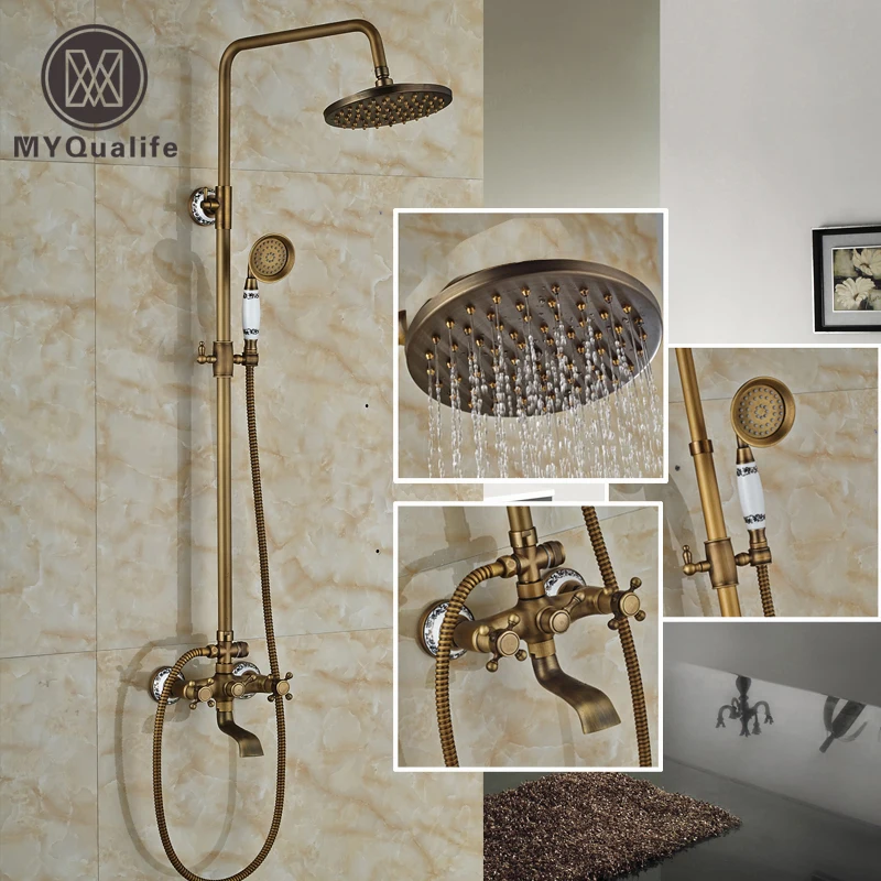 Латунный античный ливень ванная душевой кран с двойной ручкой Настенная Ванная