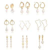 korea design freshwater pearl long dangle earrings gold color alloy geometric irregular circle square earrings for women jewelry