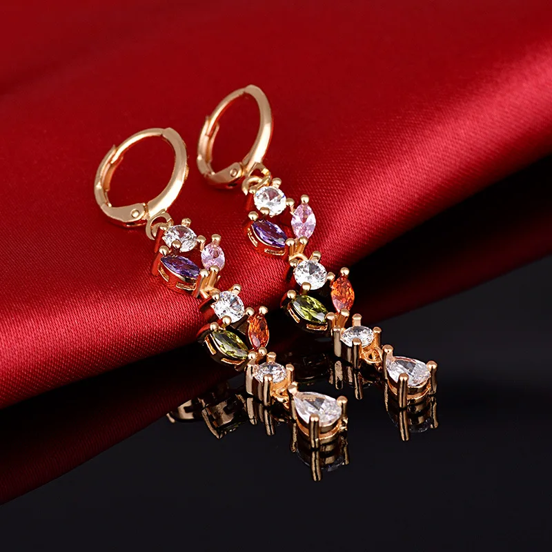 Boho Female Rainbow Leaf Earrings Fashion Cute Colorful Stone Double Long Big Hoop For Women | Украшения и аксессуары