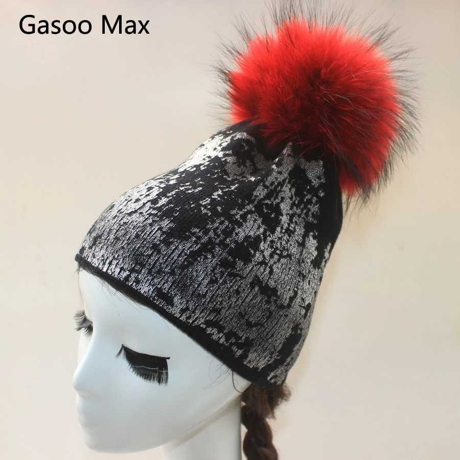 Шапка бини 2017 Женская Золотая и серебряная металлическая шапка с помпоном из