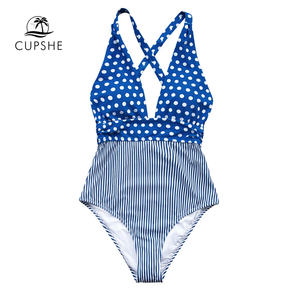 CUPSHE синий в горошек и полоску с принтом Цельный купальник сексуальный женский