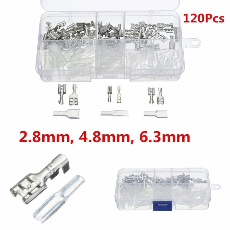 

120pcs/set 2.8 mm 4.8 mm 6.3 mm Female Spade Terminals + Insulating sleeve with Transparent case Crimp Terminals Connectors