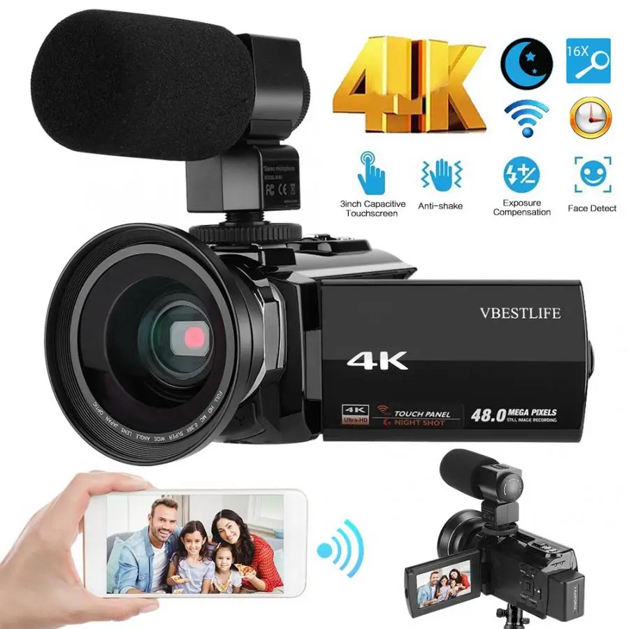 Видео камера 4K 48MP WiFi цифровая видеокамера с широкоугольным макро объективом+ внешний микрофон camara de video