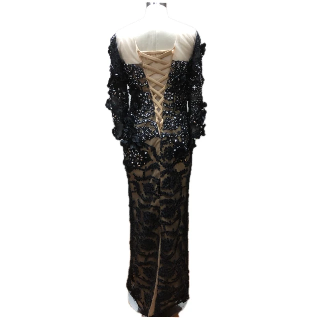 

2017 Luxury Lace Appliques With Crystal Vestido De Festa Long Black Mermaid Evening Gown Floor Length Formal Dress