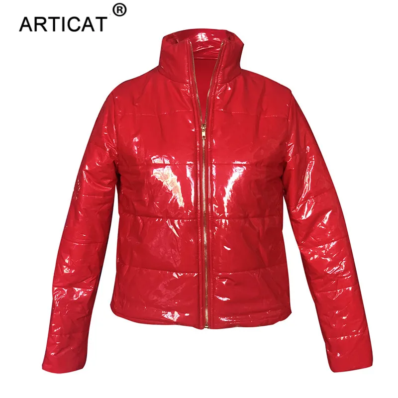 Red Articat зимняя куртка из искусственной кожи на молнии Женская Короткая Толстая парка со стоячим воротником стеганая куртка Верхняя одежда Пальто-пузырь с длинным рукавом - Цвет: Red