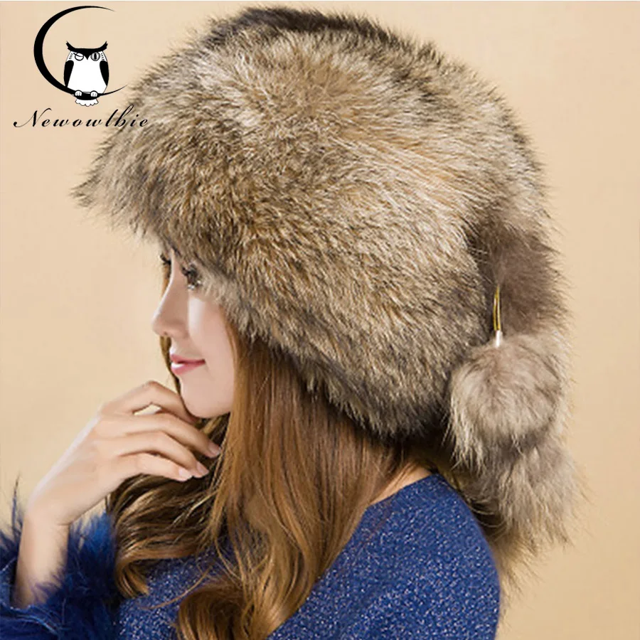 Fashion Female Winter Leather Straw Hat Fox Maubere Hat Lady Raccoon Fur Hat Winter Style Cold and Warm