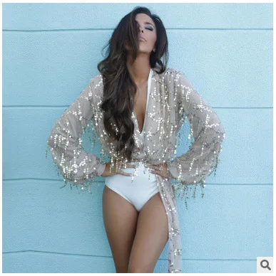 2019 Summer Sexy Outwear Plus Size Sequin Tassel Cardigans Sequined Mesh Women Long Sleeve Queen Party Shirts |