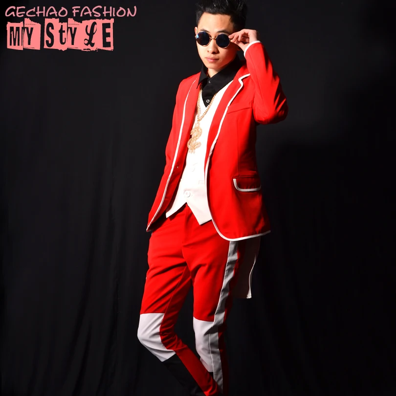 

M-6XL!Nightclub Bar Male Singer DSDJ Quan Zhilong GD Red Stitching Suit Set Bar Performance Accessories.