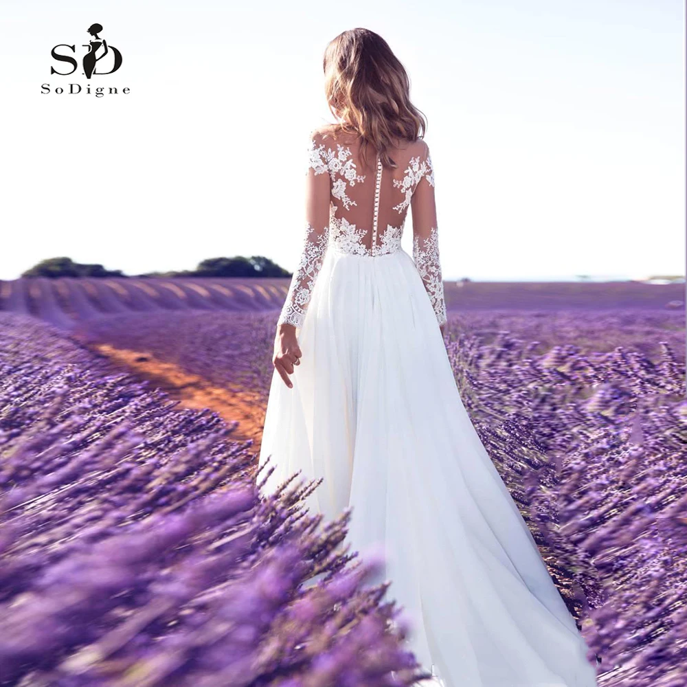 

SoDigne Long Sleeves Wedding Dress 2021 Beach Bridal Gown Chiffon Lace Appliques Wedding Dresses White/Ivory Romantic Button