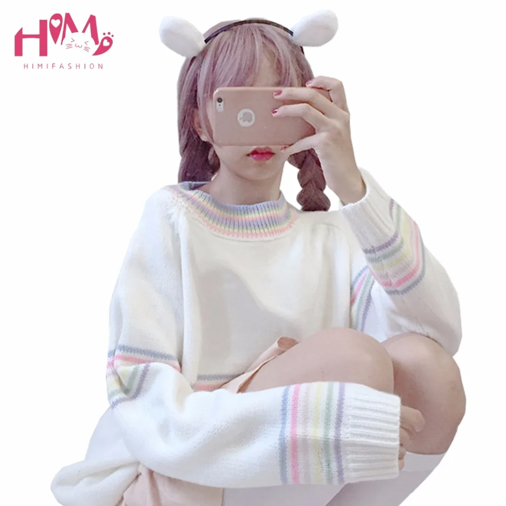 Autumn Edition Fresh Sweet Girl Colorful Stripe Long Sleeve Pullover Student Knitted Coat Feminine White Stripes Sweater | Женская