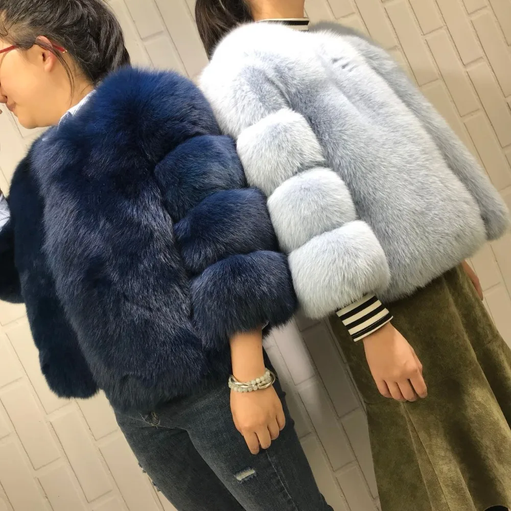 Натуральным лисьим мехом пальто Для женщин короткие теплые На зимнем меху куртки