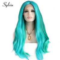 sylvia blue mixed green natural wave synthetic lace front wigs middle parting 180 density heat resistant fiber hair for woman