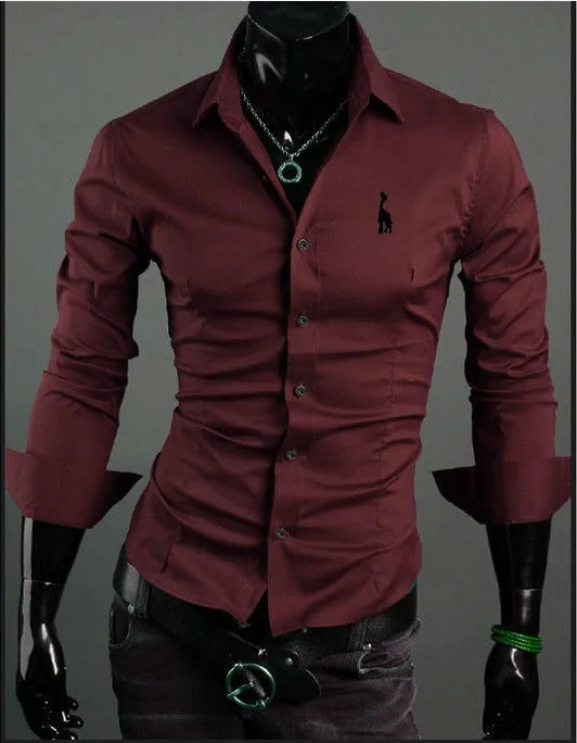 Мужская приталенная рубашка с длинным рукавом цветочной вышивкой|shirt casual slim|male