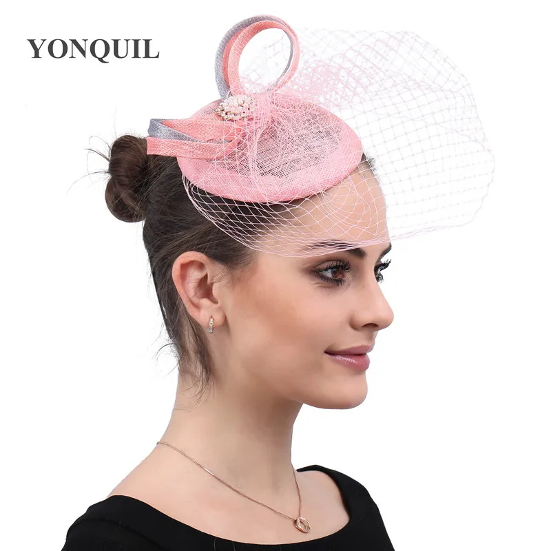

Cocktail Hats Sinamay Fascinators Hat Party Headband For Women Wedding French Mesh Veil Hair headwear Bride Feathers Hairpin