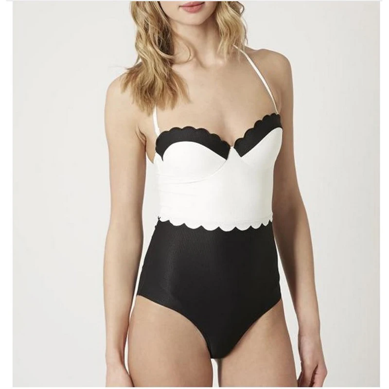 Женский слитный купальник в стиле пэчворк черный белый пикантный пуш ап пляжная