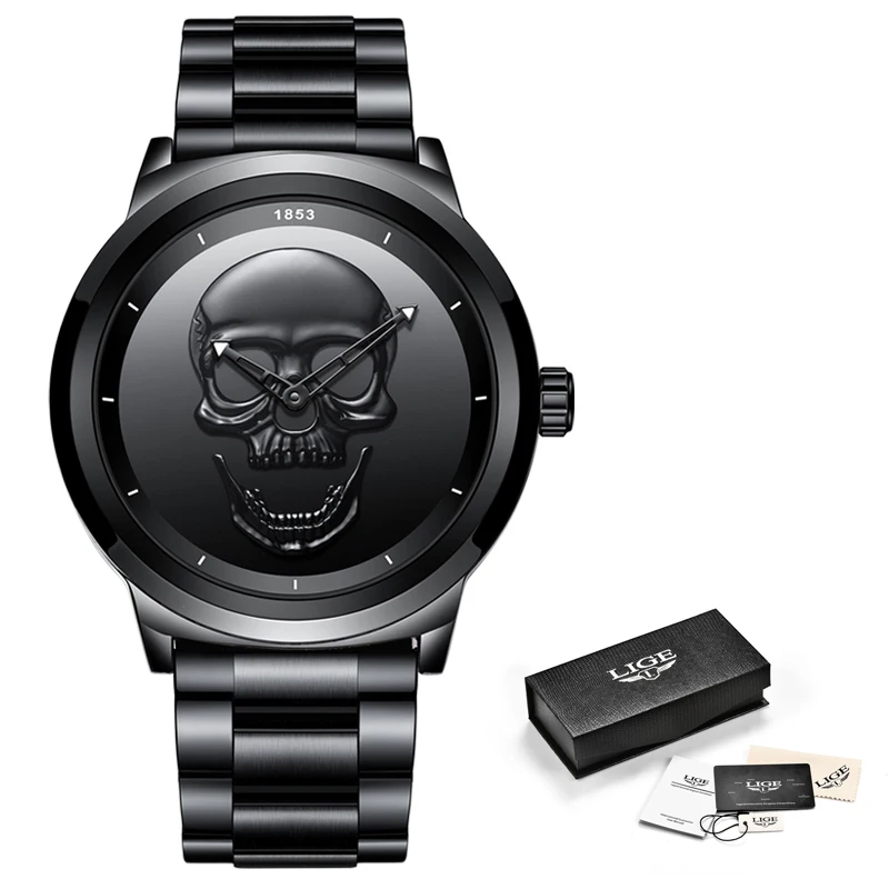 

2019 Cool Punk 3D Skull Men Watch Brand LIGE Luxury Steel Quartz Male Watches Waterproof Retro Fashion Gold Black Clock Relogio