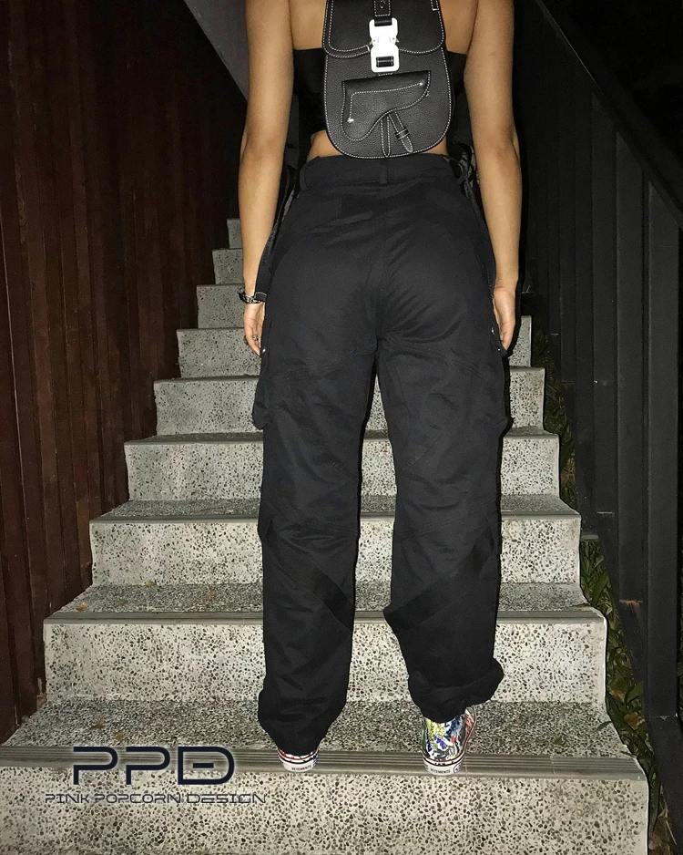 Вымытые ленты сплайсинга карман военные брюки Drawstring талия повседневные брюки
