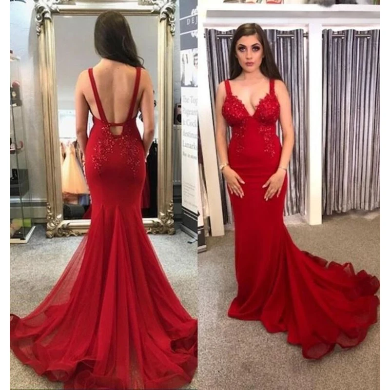 

Sexy Backless Red Mermaid Prom Dresses 2019 New Sleeveless Sweep Strain Lace Applique Tull Formal Evening Dress Party Gowns