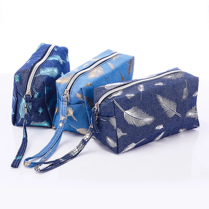 Новая косметичка с принтом перьев джинсовая маленькая компактная дорожная сумка