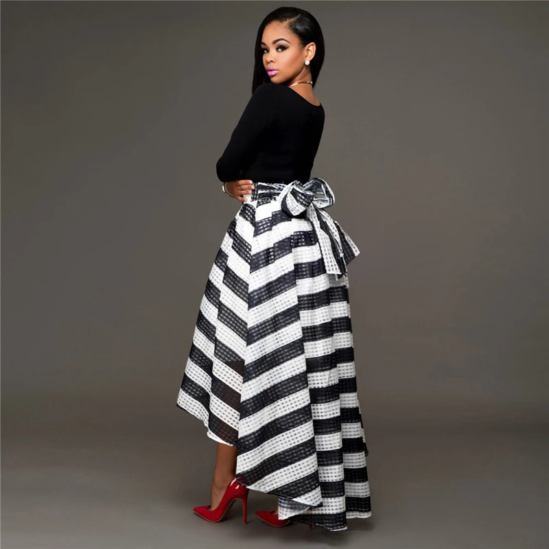 2018 New Fashion Women Summer Long sleeve shirt and Black White Stripes Sexy Maxi Pleated Skirts | Женская одежда