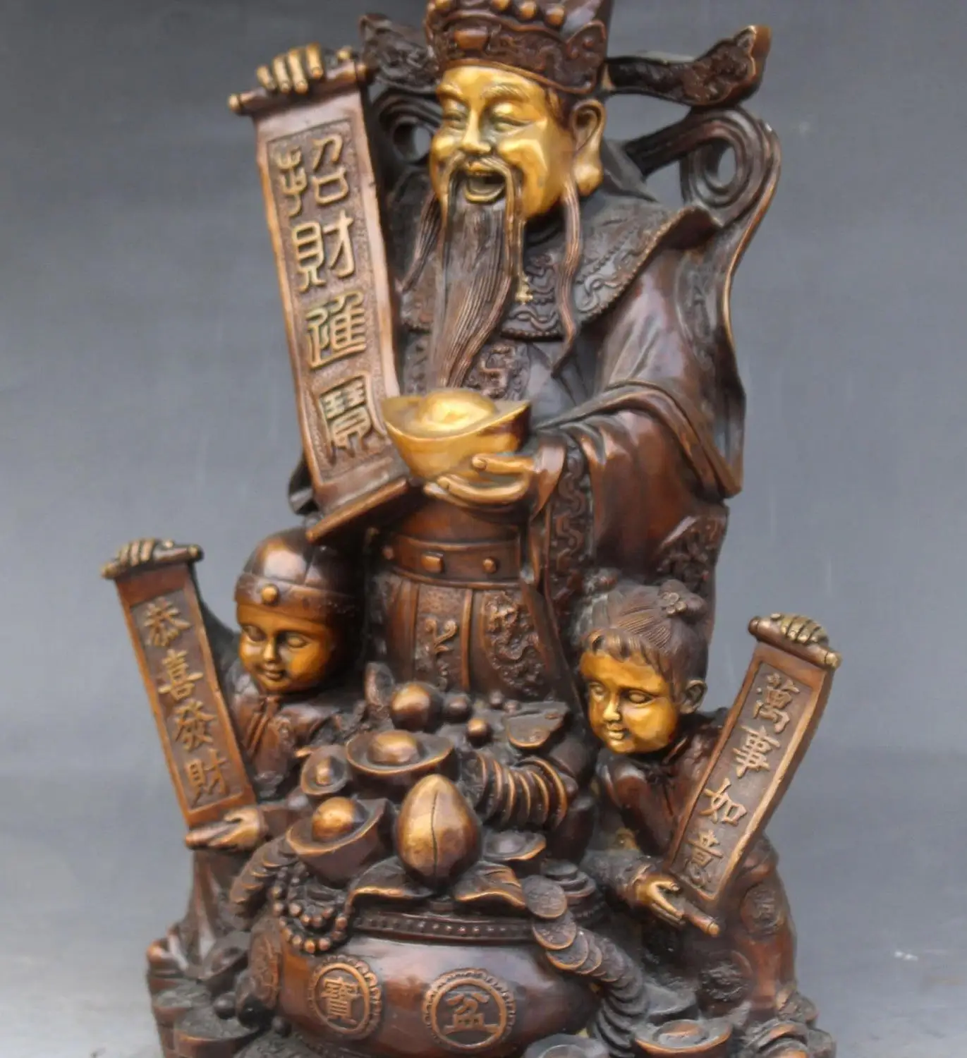 14&quotChinese Bronze Gilt Wealth Treasure bowl Dragon Mamon Tongzi Kid Peach Statue | Дом и сад