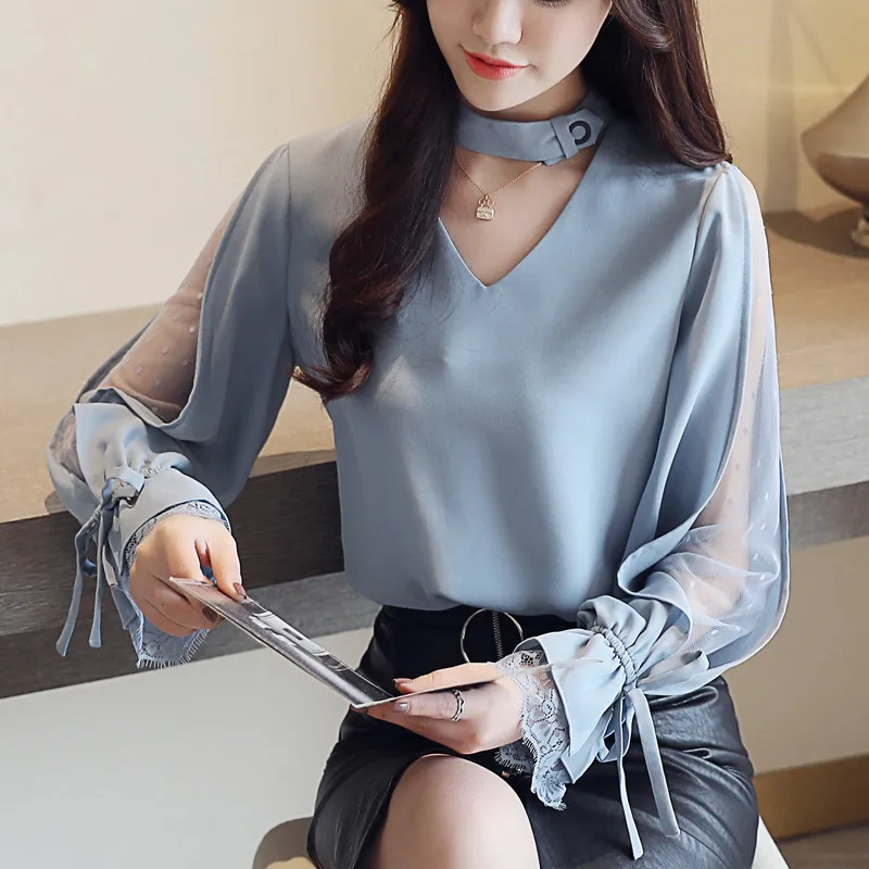 grey blue Neploe Мода Холтер шеи Falre рукава Милая рубашка Кружева Лук шифон блуза Летняя Повседневная Свободная элегантная женская блузка 80033 - Цвет: grey blue