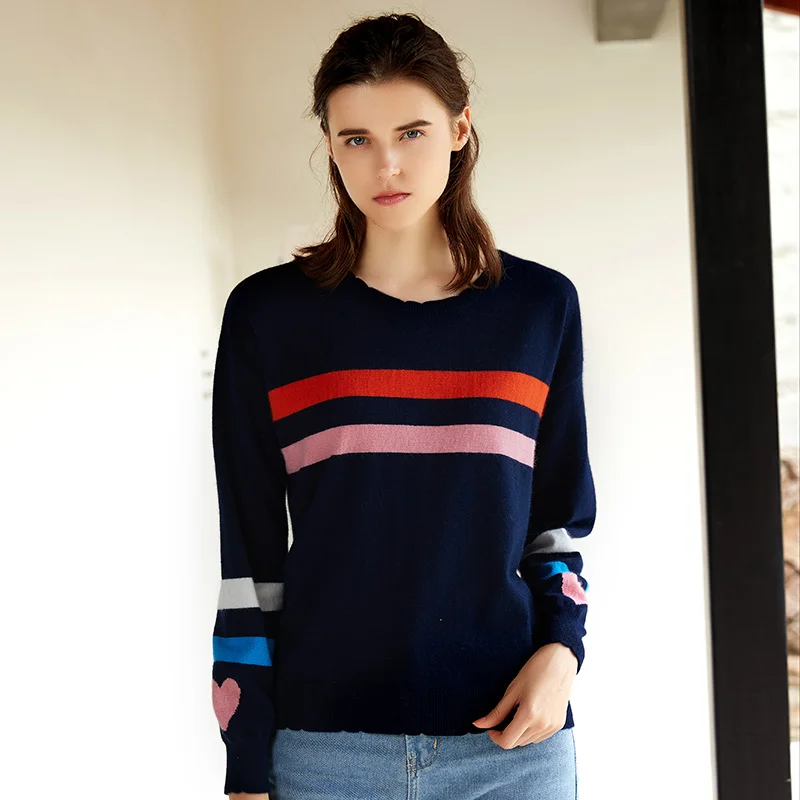 

ZHILI 2018 New Autumn Winter Round Neck Striped Cashmere Sweater