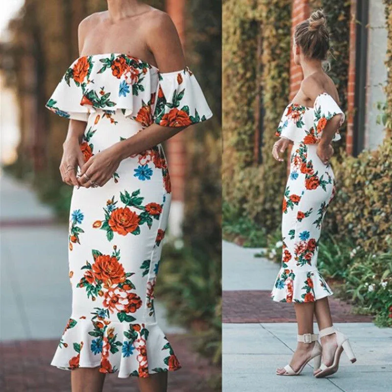 Frauen Schulterfrei Цветочные Bedruckte Sommerkleid Neue Damen ruschen Krause Bodycon Minikleid Abend вечерние Kleider Vestidos |