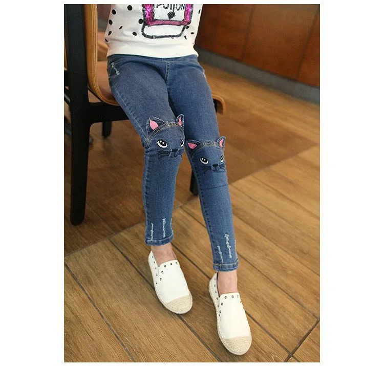 Детские рваные джинсы для девочек одежда с 3D вышивкой кошки модные брюки