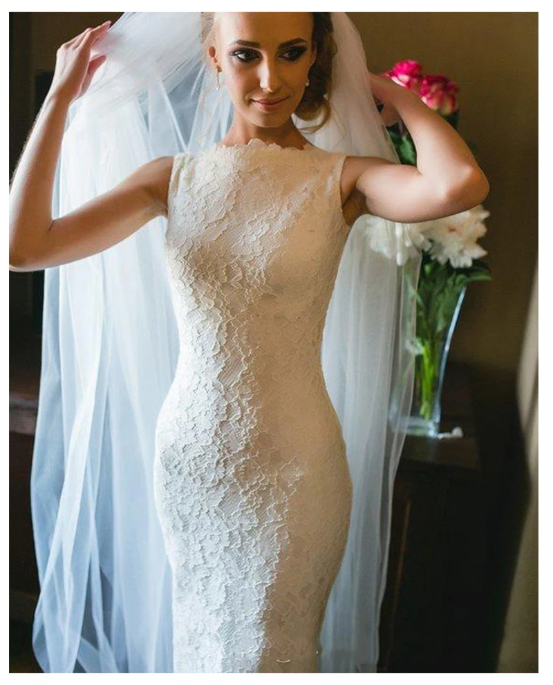 Свадебное платье с юбкой годе LORIE белое фатиновое высоким воротом и аппликацией