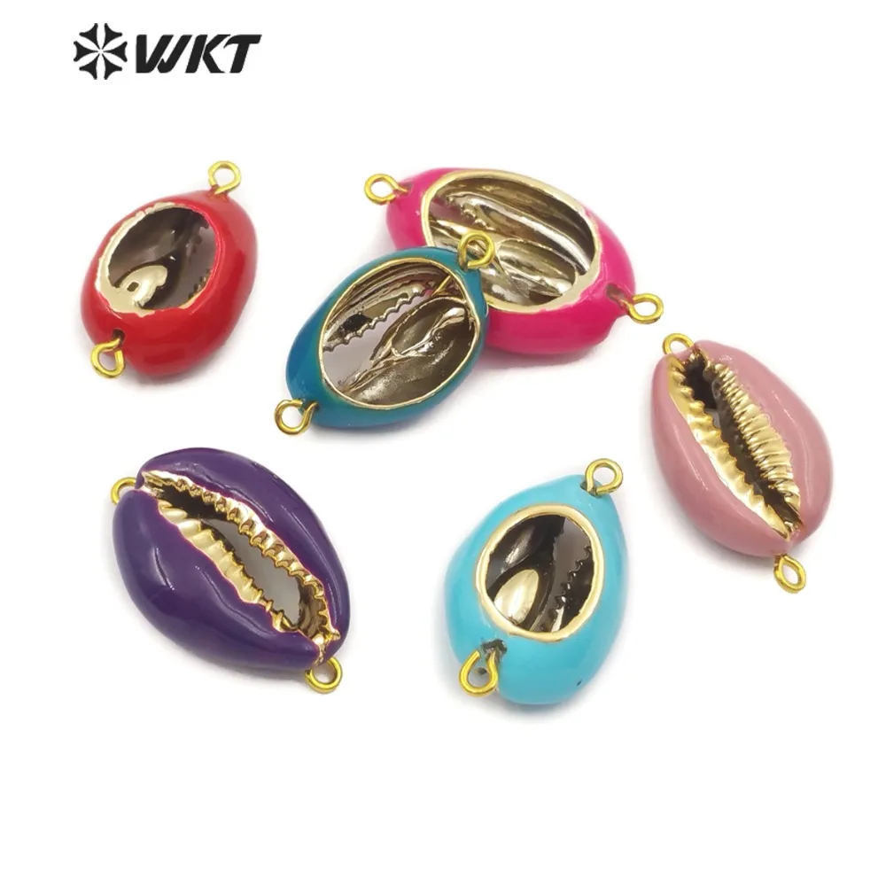 WT JP127 красочные Cowrie с Двойные обручи Разъем Золото & Смола масло Морская раковина