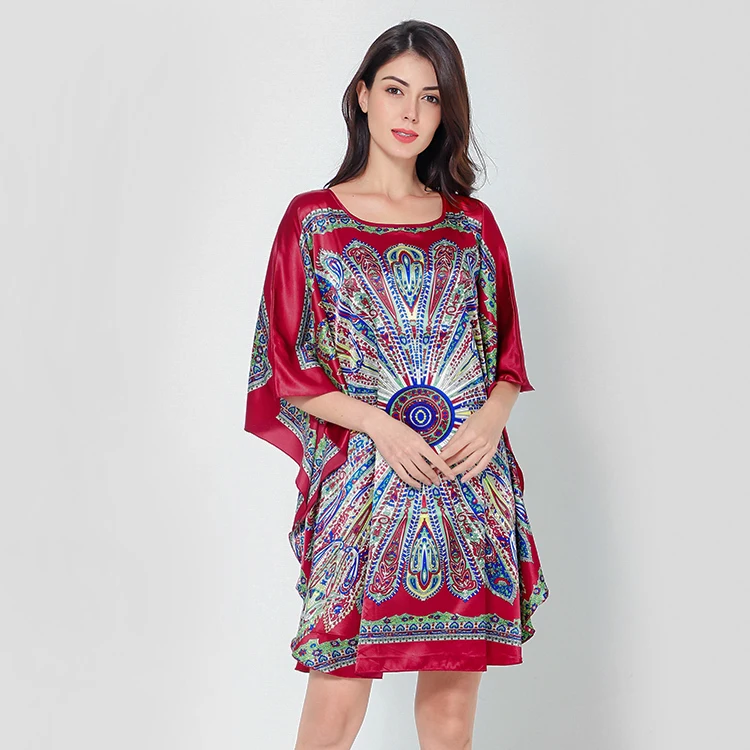 

Red Flower Women Satin Home Clothing O-Neck Rayon Sleepwear Loose Casual Mini Nightgown Comfortable Nightdress Negligee Lounge
