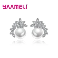 free shipping fashion crystal and pearl stud earrings for women 925 sterling silver woman wedding jewelry wholesale