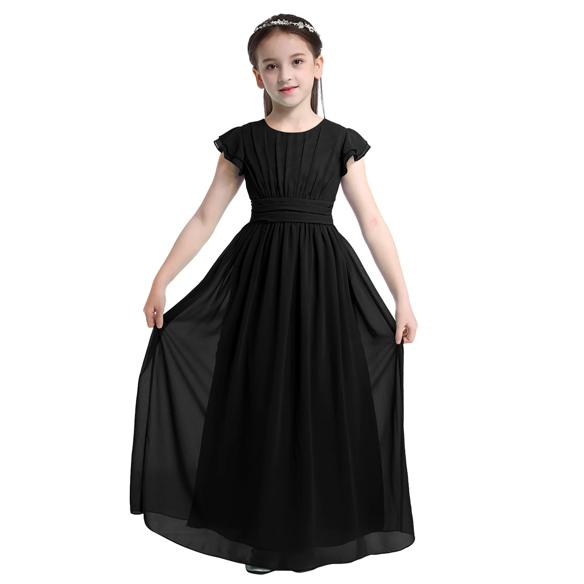 Black IEFiEL/платье с цветочным узором для девочек; Детские шифоновые Свадебные торжественные летние вечерние бальные платья принцессы с фатиновой юбкой; детская одежда для подростков - Цвет: Black