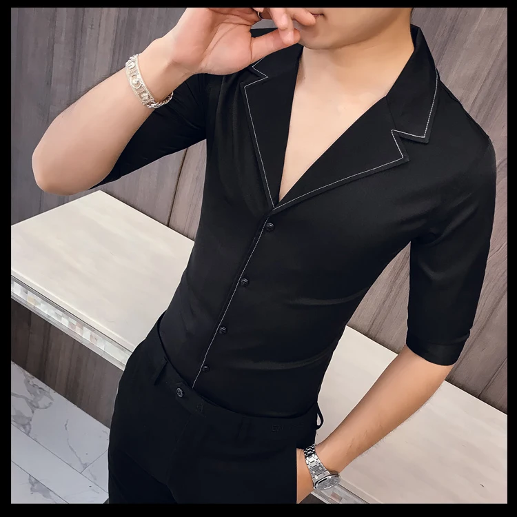 Solid Color Seven-quarter Sleeve Shirt Man Kemeja Pria Camisa Masculina Suit Collar Casual Style Half Sleeve Mens Camisa Hombre