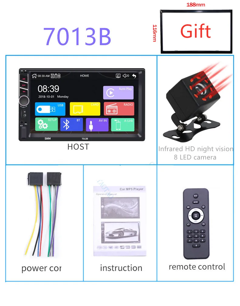 2 din автомобильный радиоприемник " HD плеер с сенсорным экраном mirrorlink Android Carplay MP5 SD/FM/USB/AUX/Bluetooth автомобильный аудио для камеры заднего вида - Цвет: H-7013B-Red 8LED