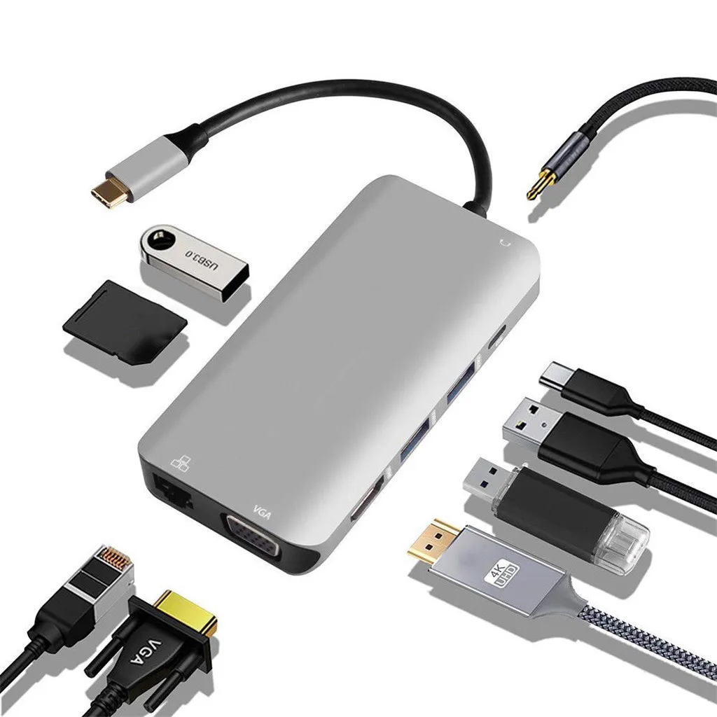 10 в 1 USB C Type к HDMI VGA RJ45 3 0 для SD TF кардридер встроенный чип преобразования и