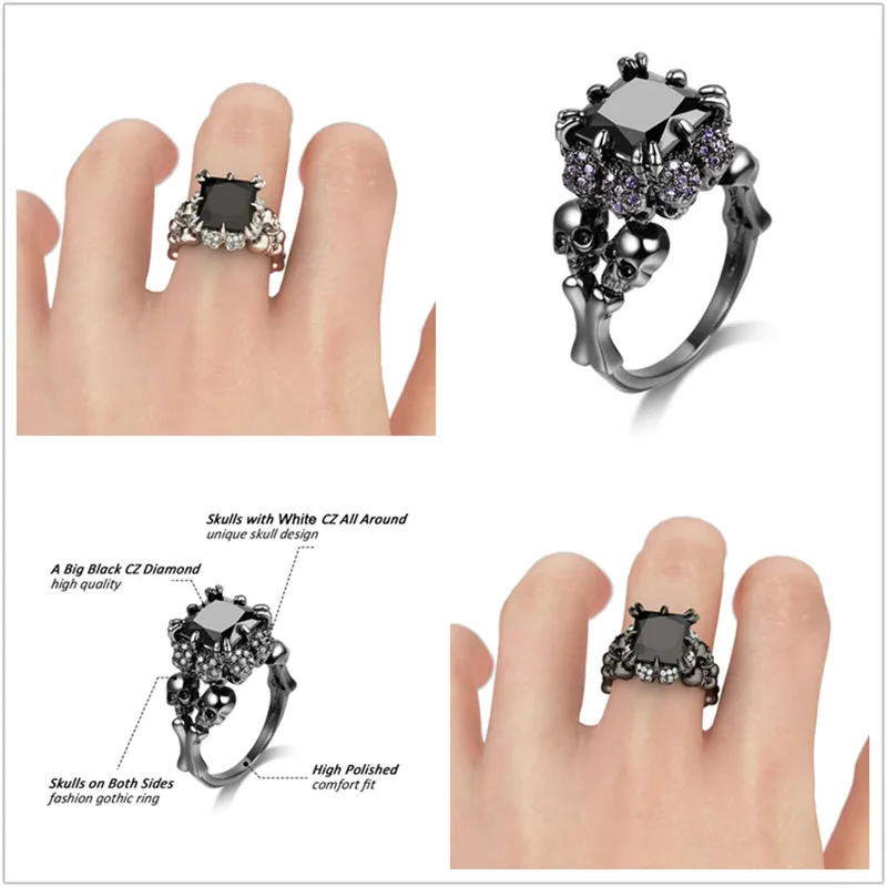 Винтажные кольца в черном цвете с изображением черепа стиле принцессы для женщин