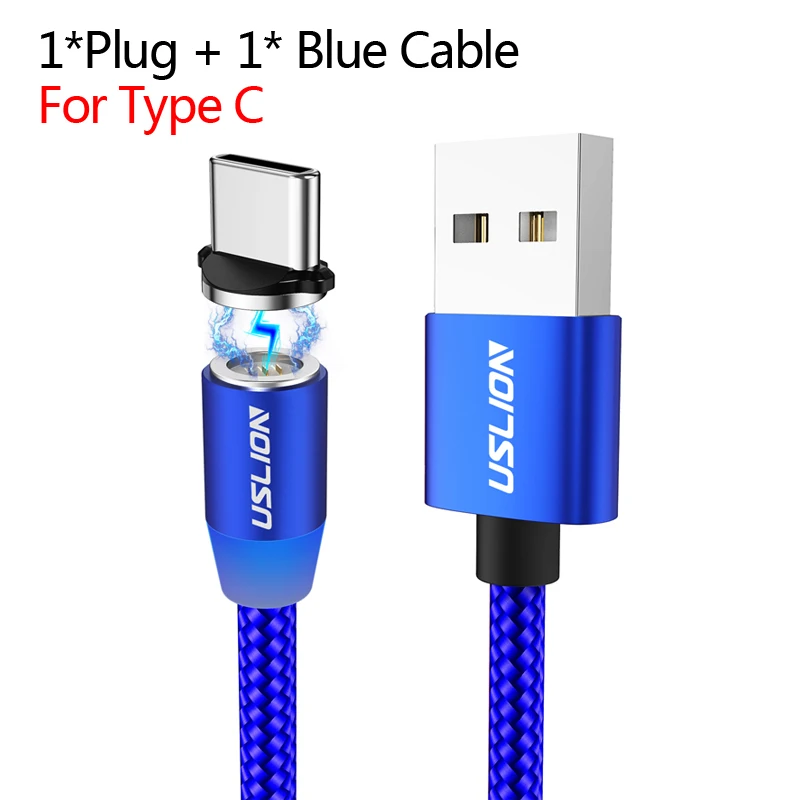 USLION Micro USB Магнитный кабель type-C Магнитный кабель для зарядки телефона 1 м 3 А Быстрая зарядка Android type C провод для huawei P30 samsung - Цвет: Type C Blue