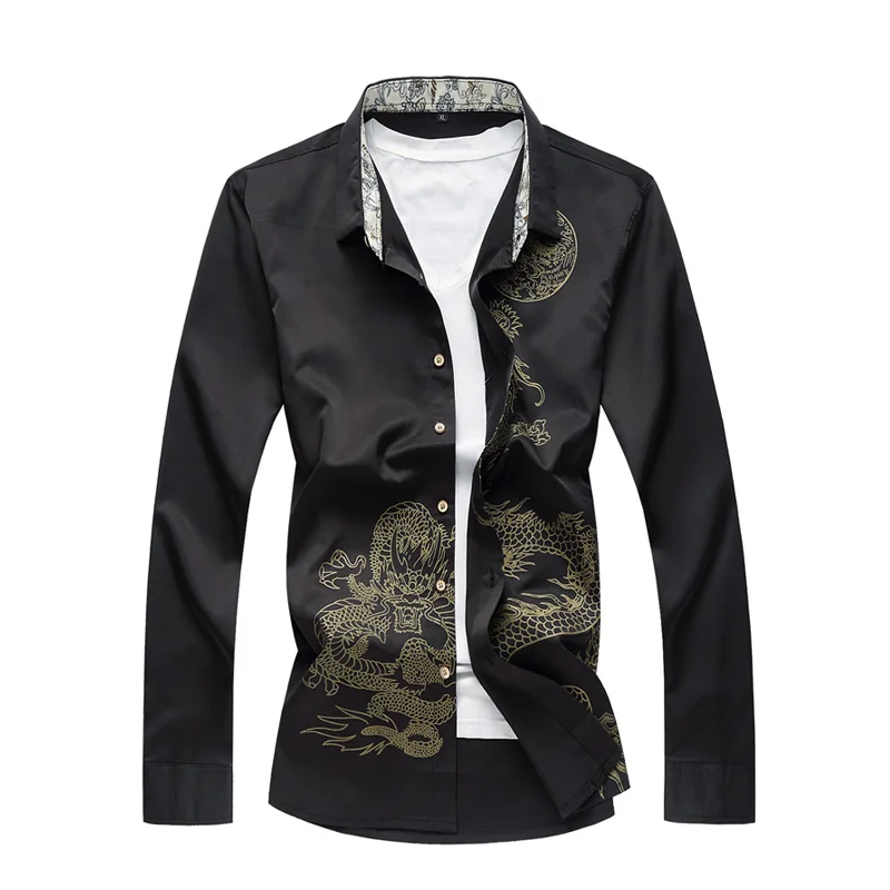 Модный бренд Camisa Masculina рубашка с длинными рукавами мужской старинный китайский традиционный Дракон печатных рубашки больших размеров 6XL 7XL
