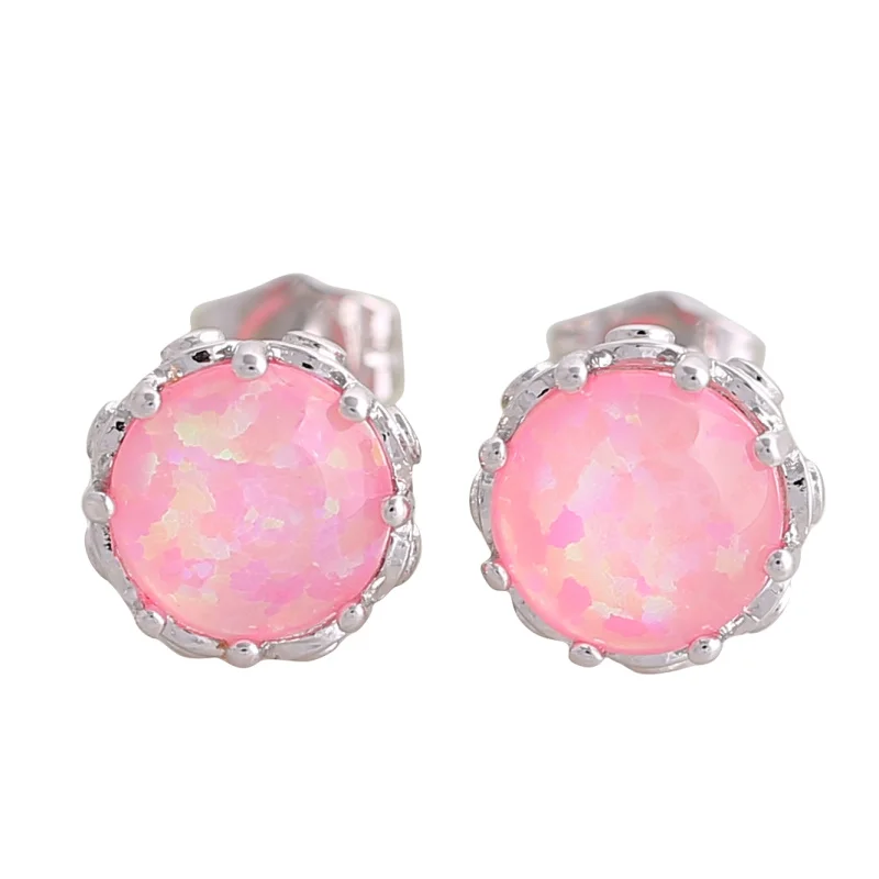

Brand Designer Silver Color Pink Fire Opal Stud Earrings For Women Lady Wedding Party Gift Fashion Jewelry E158